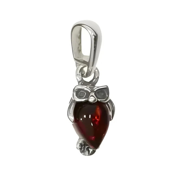 Cherry amber sterling silver owl pendant