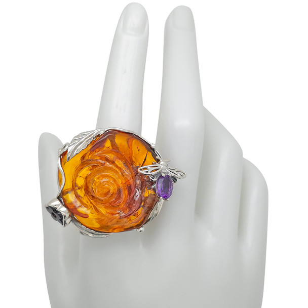 Handmade Amber Rose Adjustable Silver Ring