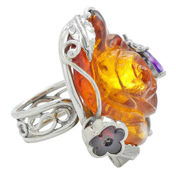 Handmade Amber Rose Adjustable Silver Ring