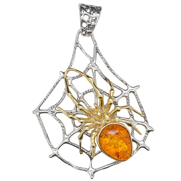 Spider on a Cobweb Amber Gold Plated  Silver Pendant