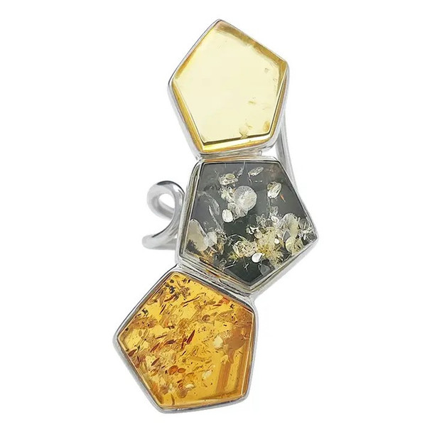 Multi-Color Amber Honeycomb Silver Adjustable Ring