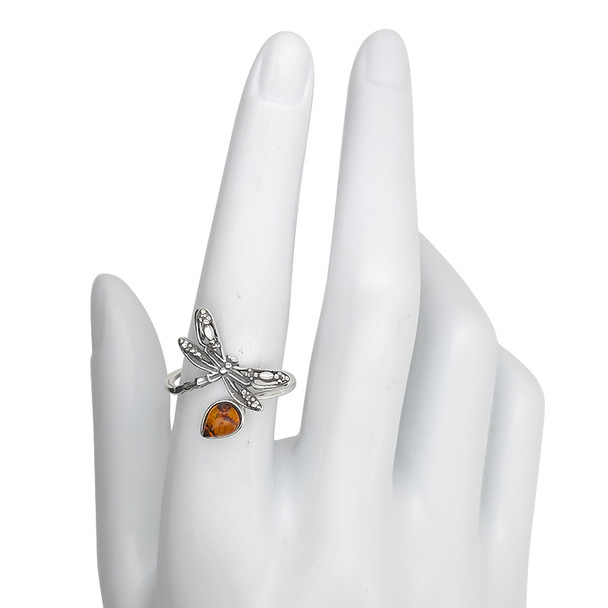 Cognac Amber .925 Silver Dragonfly Adjustable Ring