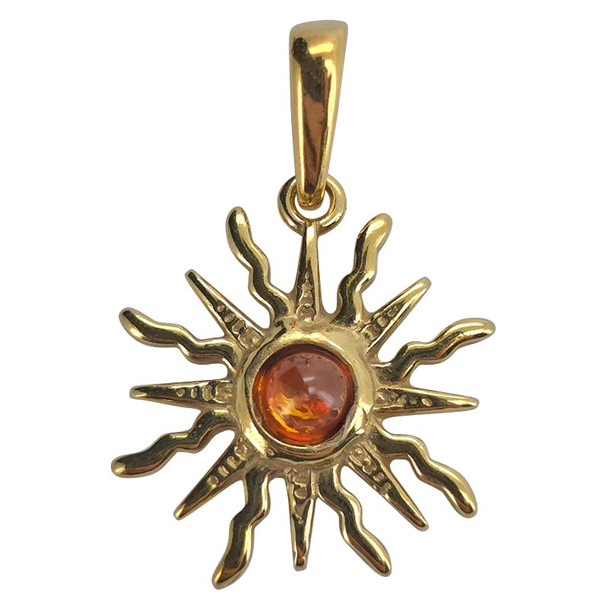 Cognac Amber 14K Gold Plated Silver Sun Pendant