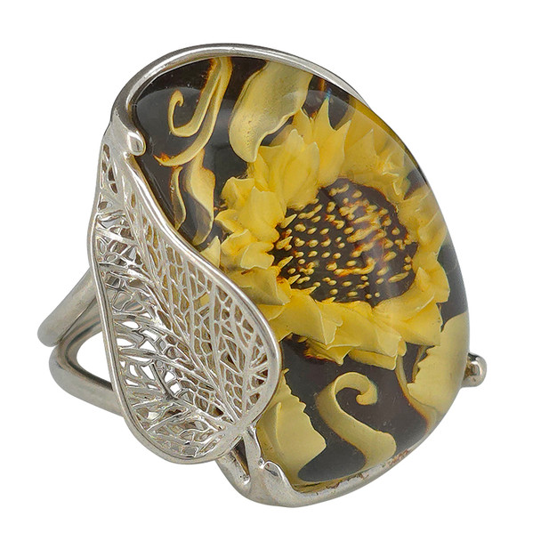 Sunflower Amber Cameo Sterling Silver Adjustable Ring