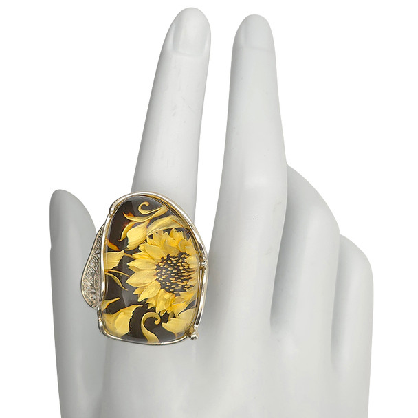 Sunflower Amber Cameo Sterling Silver Adjustable Ring