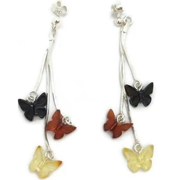 Multicolor Amber Sterling Silver Butterfly Earrings