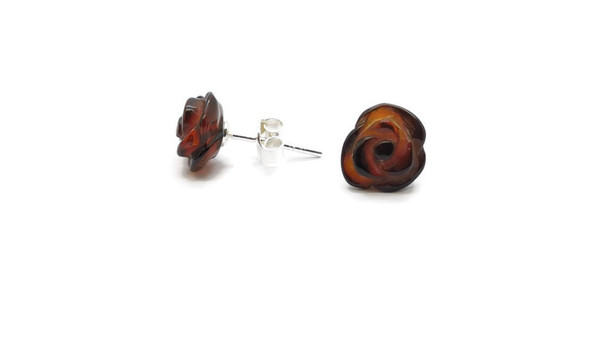 Cherry Amber Carved Rose Stud Earrings