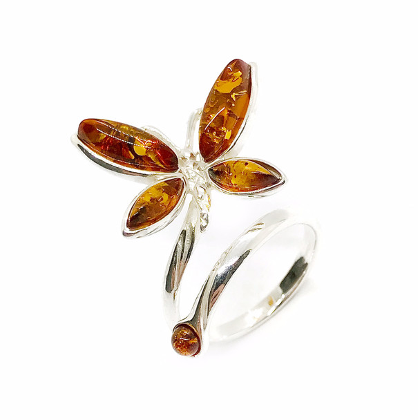 Cognac Amber .925 Silver Adjustable Butterfly Ring