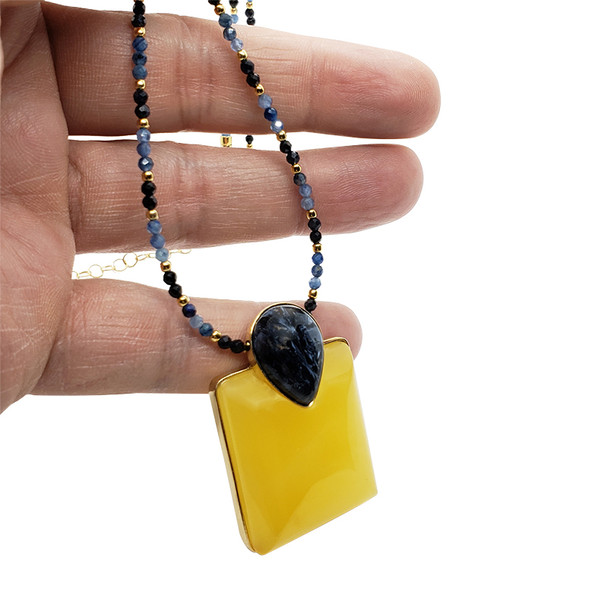 Butterscotch Amber /Pitersite Pendant on Onyx, Hematine Necklace