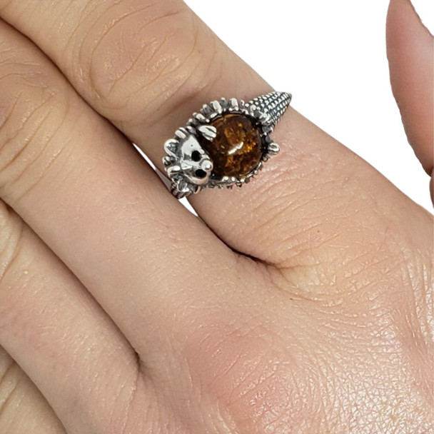 Hedgehog Cognac Amber Sterling Silver Adjustable Ring