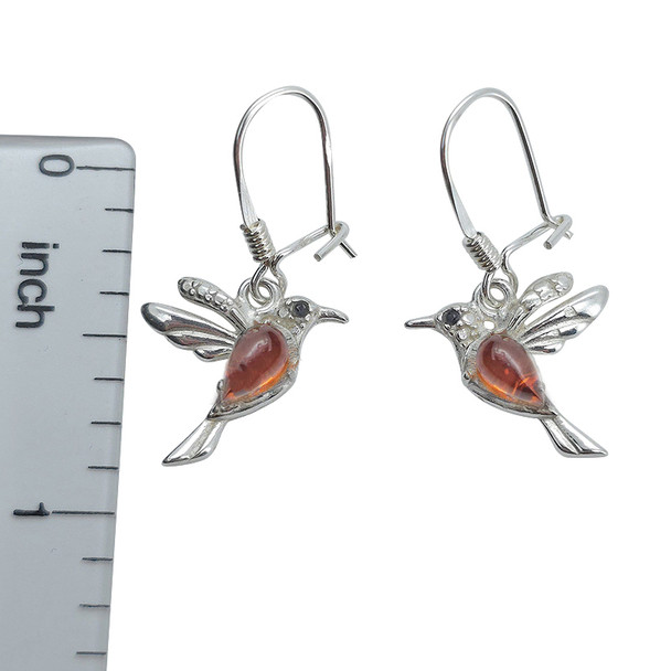 Cognac Amber Silver Hummingbird Earrings On Hooks