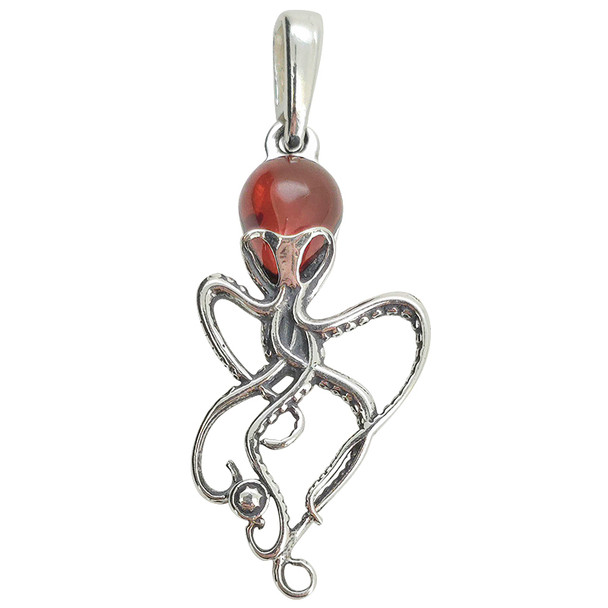 Octopus Cherry Amber Sterling Silver Small Pendant