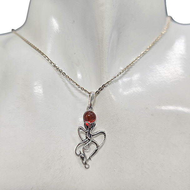 Octopus Cherry Amber Sterling Silver Small Pendant