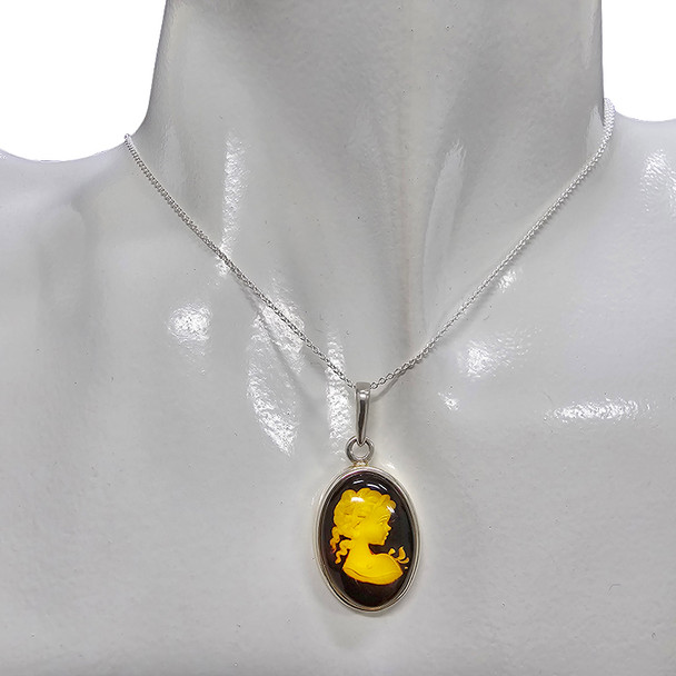 Cameo Amber Sterling Silver Lady Pendant