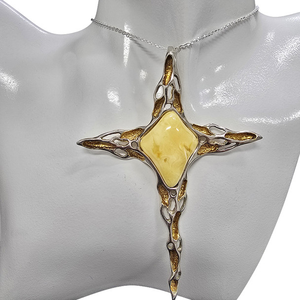 Butterscotch Amber Gold Plated Silver Cross Pendant