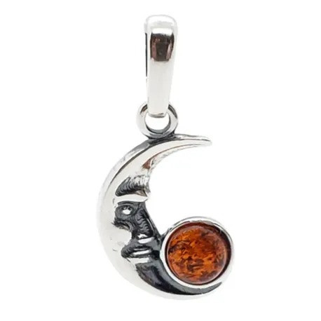 Moon cognac amber small silver pendant