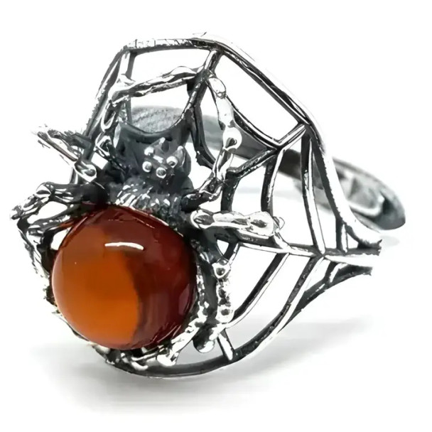 Spider on a Cobweb Cherry Amber Adjustable Ring