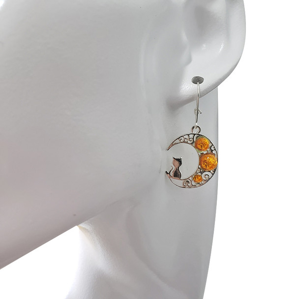 Cognac Amber Cat On A Moon Dangle Earrings