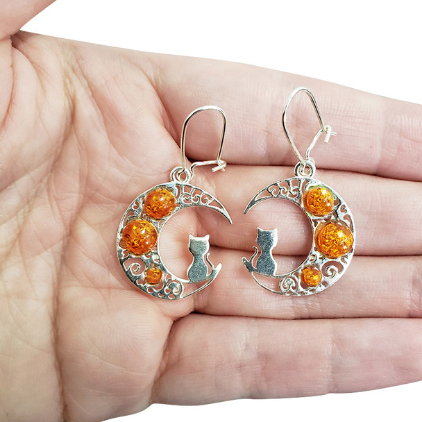 Cognac Amber Cat On A Moon Dangle Earrings