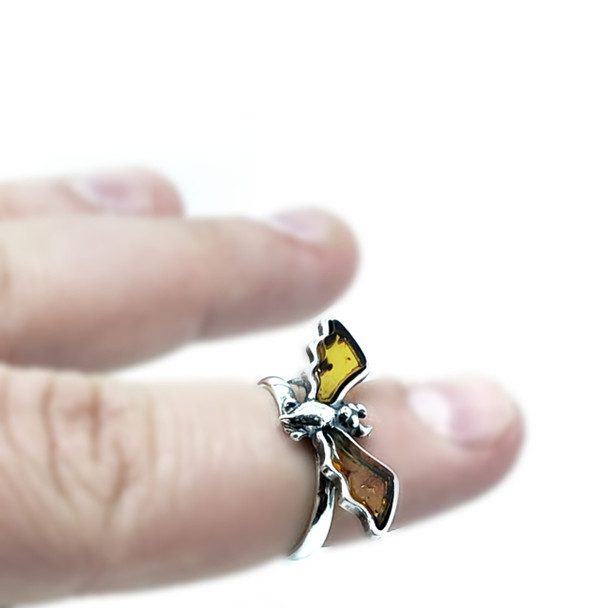 Cognac Amber Sterling Silver Bat Adjustable Ring