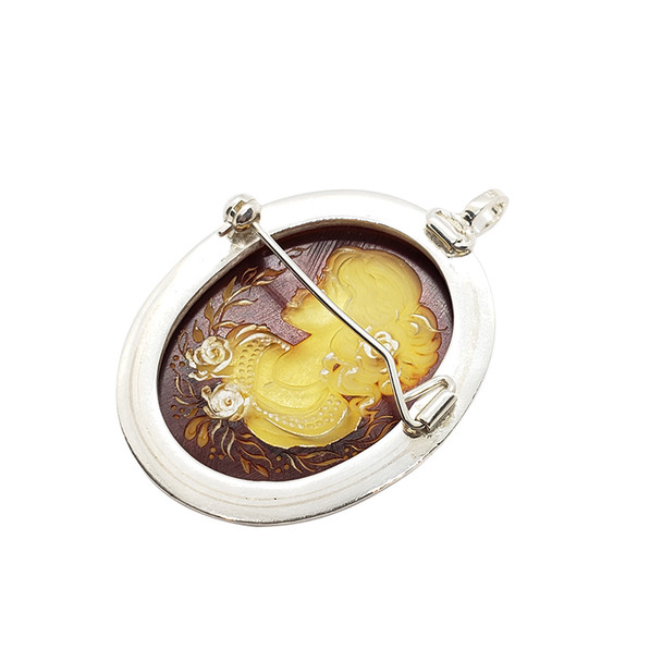 Carved Lady Amber Cameo Silver Pin/Pendant