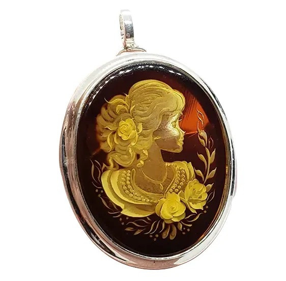 Carved Lady Amber Cameo Silver Pin/Pendant