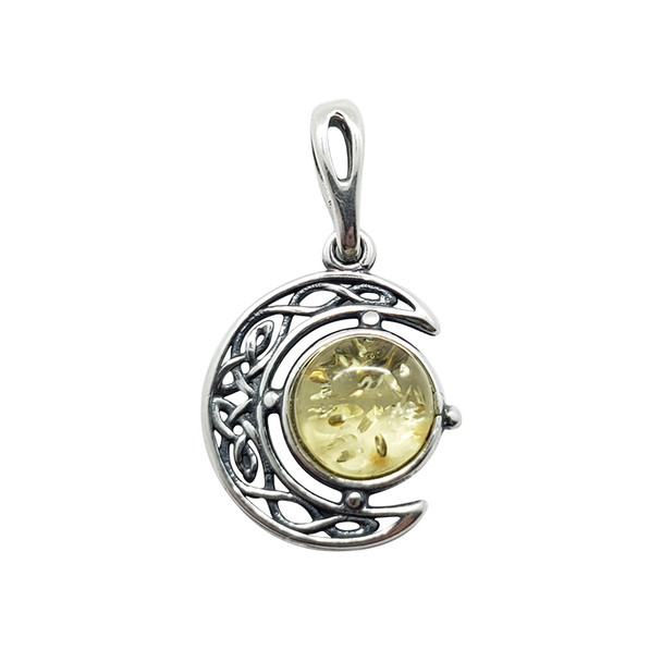 Citrine Amber Oxidized Silver Celtic Moon Pendant
