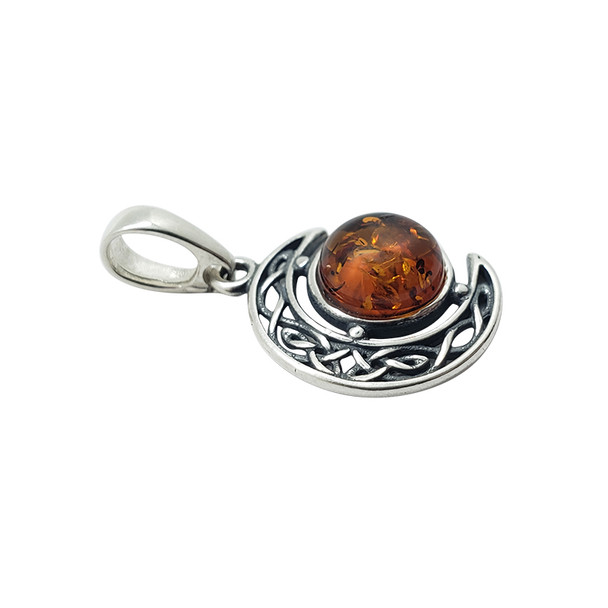 Cognac Amber Oxidized Silver Celtic Moon Pendant