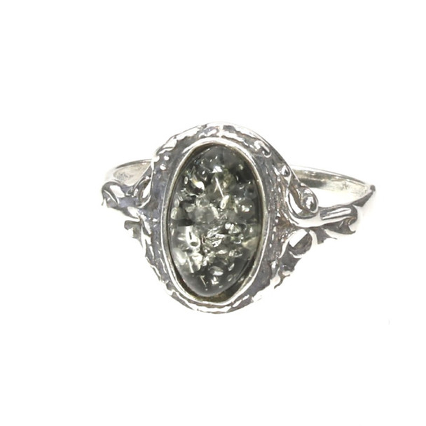 Green Amber Sterling Silver Ring (2904)