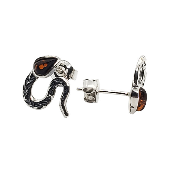 Cherry Amber Sterling Silver Curled Snake Stud Earrings