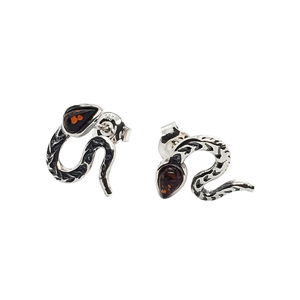 Cherry Amber Sterling Silver Curled Snake Stud Earrings