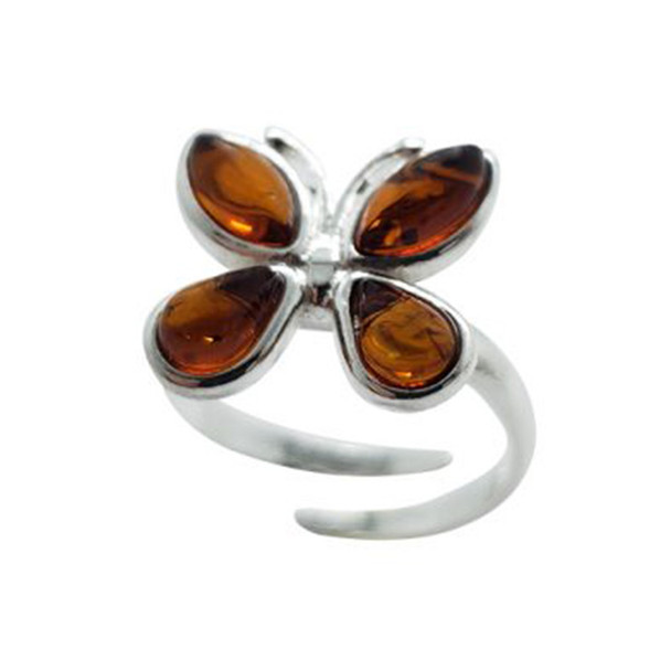 Cognac Baltic Amber Sterling Silver Butterfly Adjustable Ring