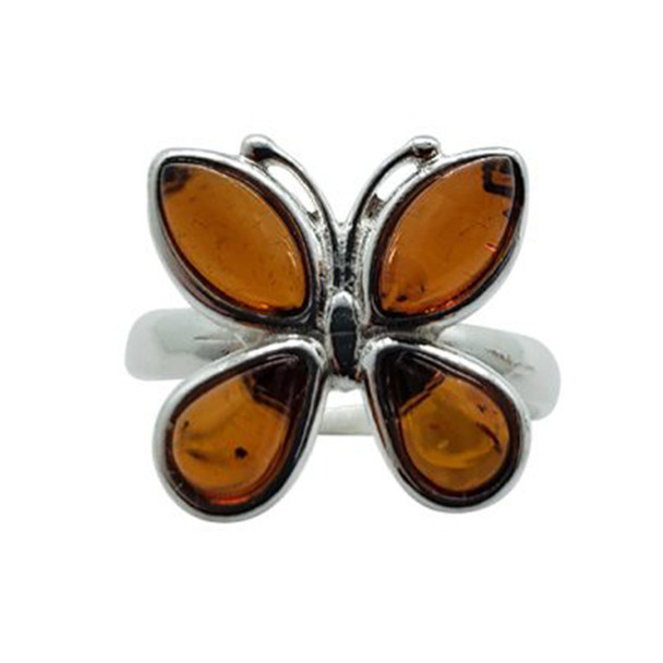 Cognac Baltic Amber Sterling Silver Butterfly Adjustable Ring