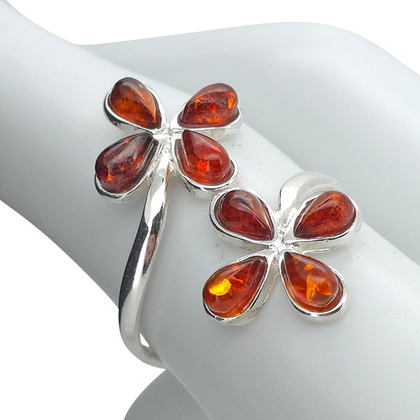 Cognac Amber Sterling Silver Flower Adjustable Ring