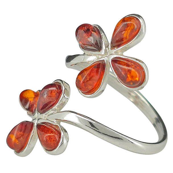 Cognac Amber Sterling Silver Flower Adjustable Ring