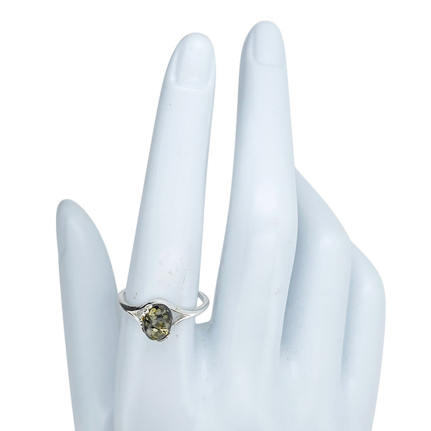 Green Amber / Flower Design Sterling Silver Ring