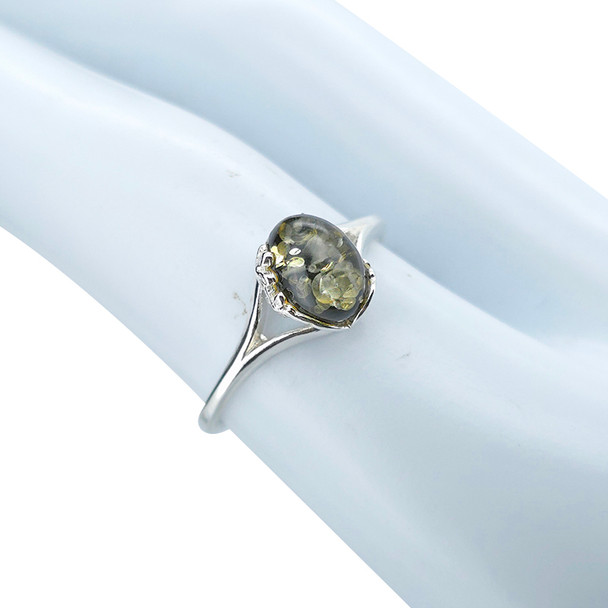Green Amber / Flower Design Sterling Silver Ring
