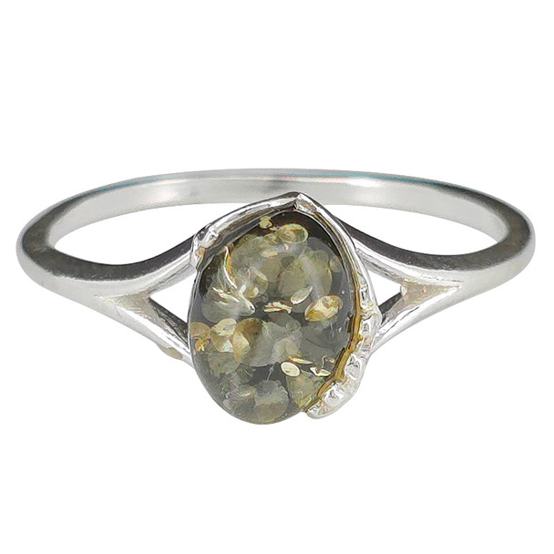 Green Amber / Flower Design Sterling Silver Ring