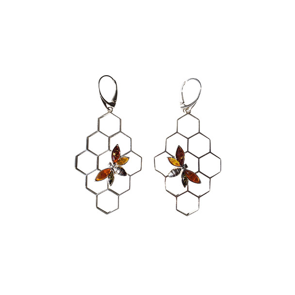 Bee On Honeycomb Multicolor Amber Earrings On Hooks