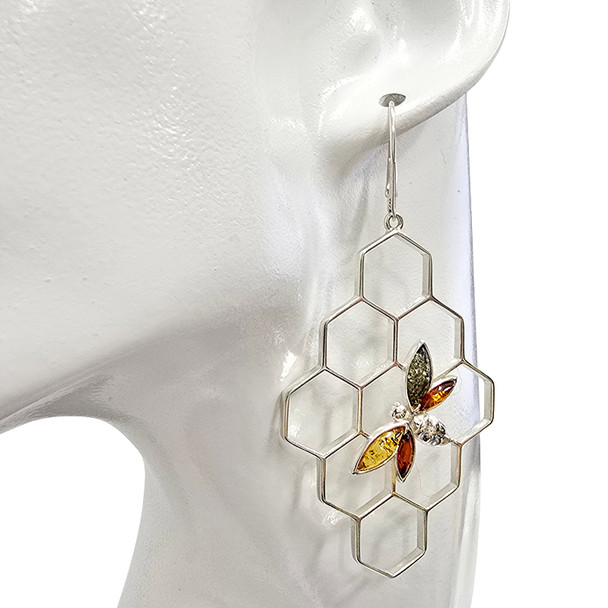 Bee On Honeycomb Multicolor Amber Earrings On Hooks