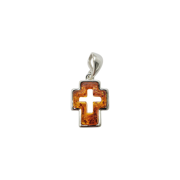 Cognac Amber Sterling Silver Cross Pendant