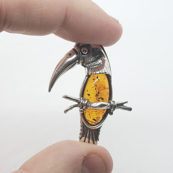 Cognac Amber .925 Silver Toucan Pin/Brooch