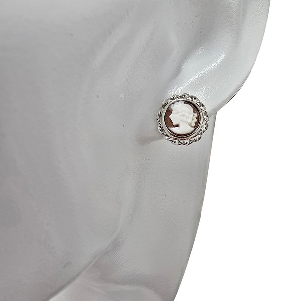 Italian Cameo Shell Silver Woman Portrait Stud Earrings