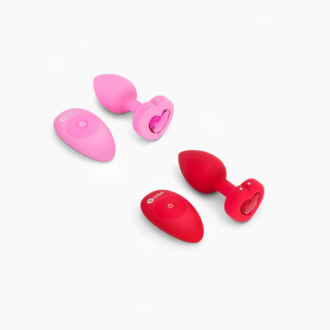 b-Vibe Vibrating Jewel Heart Plug with remotes: Small/Medium Pink Topaz & Medium/Large Scarlet Ruby