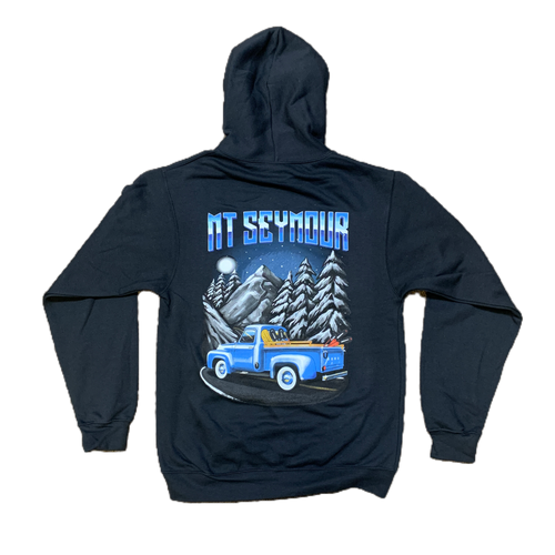 Vintage Truck Mt Seymour  - Hoodie - Unisex -  Black - Back,  Mt Seymour Hoodie, Hooded sweatshirt, Hoodie, heritage, gifts, logo, Mt Seymour, ski, snowboarder, Northshore, North Shore, Mount Seymour, Apparel, Clothing, T-Shirt, Ski Gear, Snowboard Hoodie.