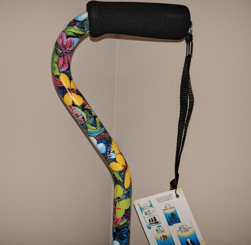 Ladies Offset Handle Self Standing Tip Butterfly Print Walking Cane