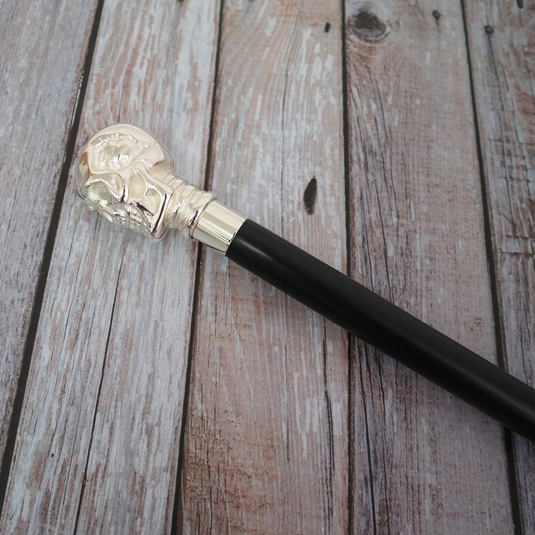 Silver Plated Embossed Brass Skull Knob Handle Walking Cane