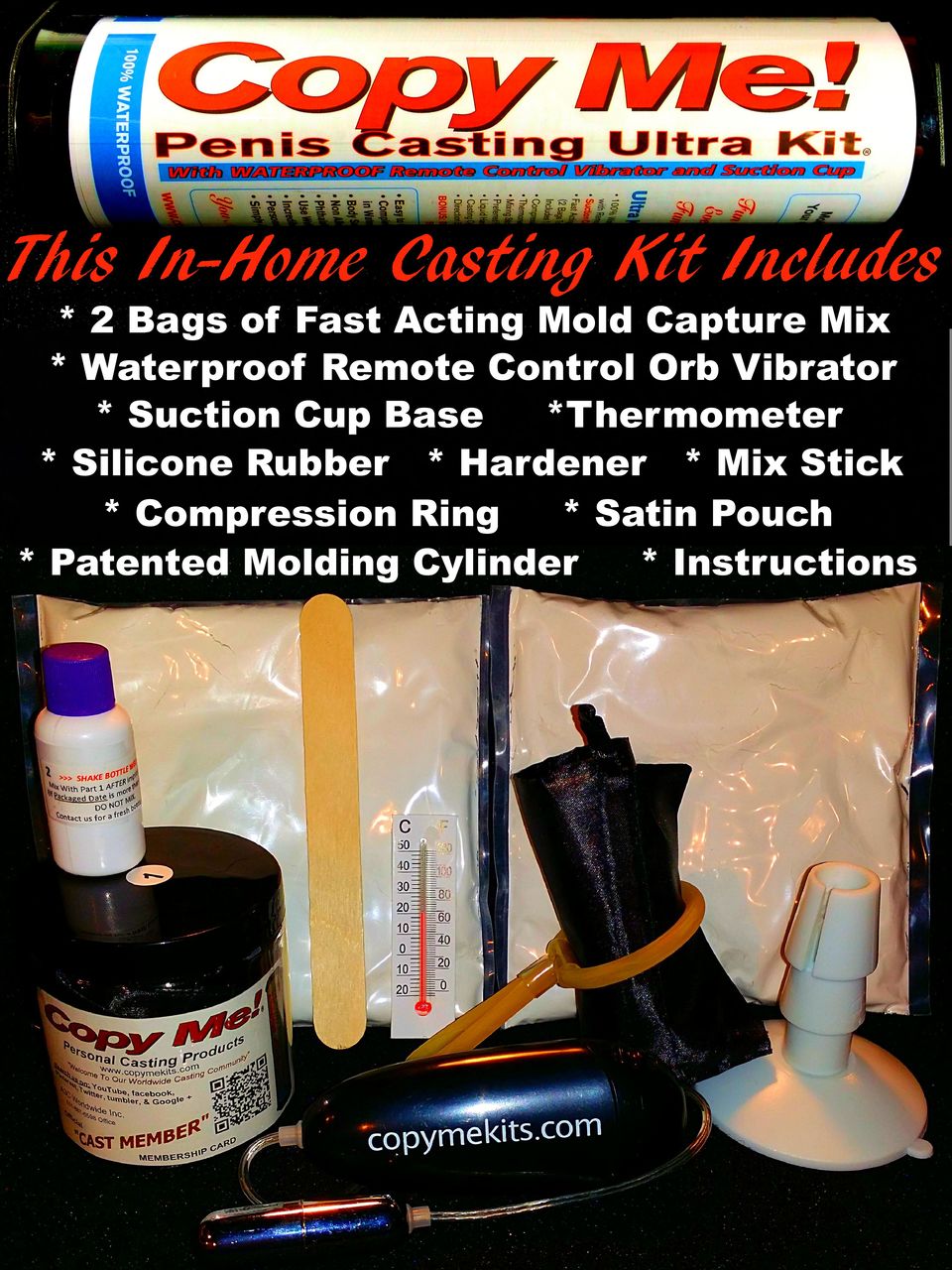 Here are the included parts inside the tube of THE BEST RATED PENIS CASTING KIT worldwide.
Copy Me! Personal Casting Products deliver everything you are looking for when making a copy of your penis.