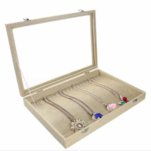 Glass-Top Necklace Bracelet Chain Display Case Burlap