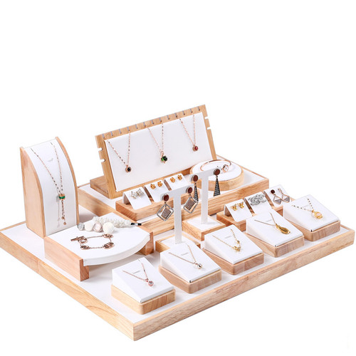 (Free Shipping) Wood Jewelry Display Set White Leather (15-Piece) CSET13